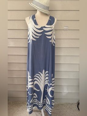 Sleeveless Blue and White Palm-Print Maxi Dress